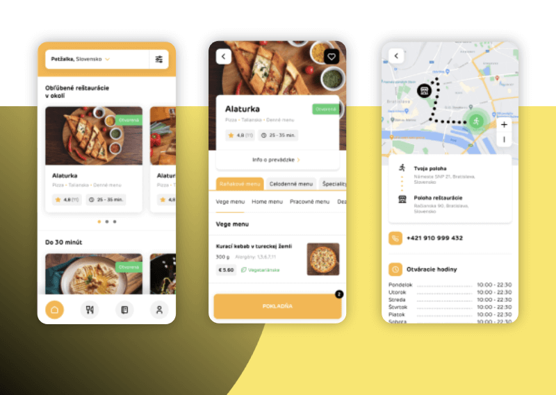 Mobilná aplikácia pre iOS a Android pre objednávanie jedla. Jednoduché prepojenie mobilnej aplikácia a webového portálu.