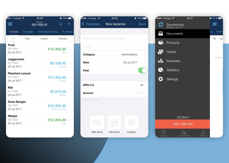 Mobile application for creating invoices for Android and iOS devices.